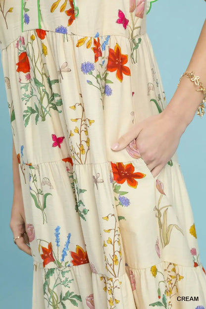Umgee Floral Ruffle Tiered Midi Dress with Scalloped Detail--Splashis-Trendsi