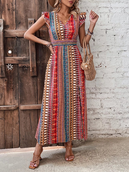 Boho Print Ruffle Sleeve Slit Dress-Casual Dresses-Splashis-Color:Brick Red-Size:M-Splashis