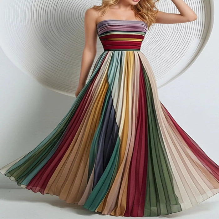 Striped Pleated Tube Maxi Dress-Maxi Dress.-Splashis-Color:Multicolor-Size:XL-Splashis