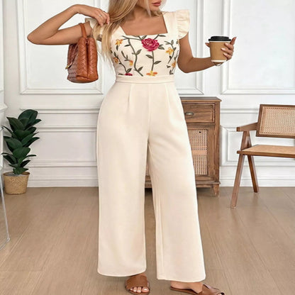 Floral Embroidered Jumpsuit Ruffle Trim-Jumpsuit-Splashis-Splashis