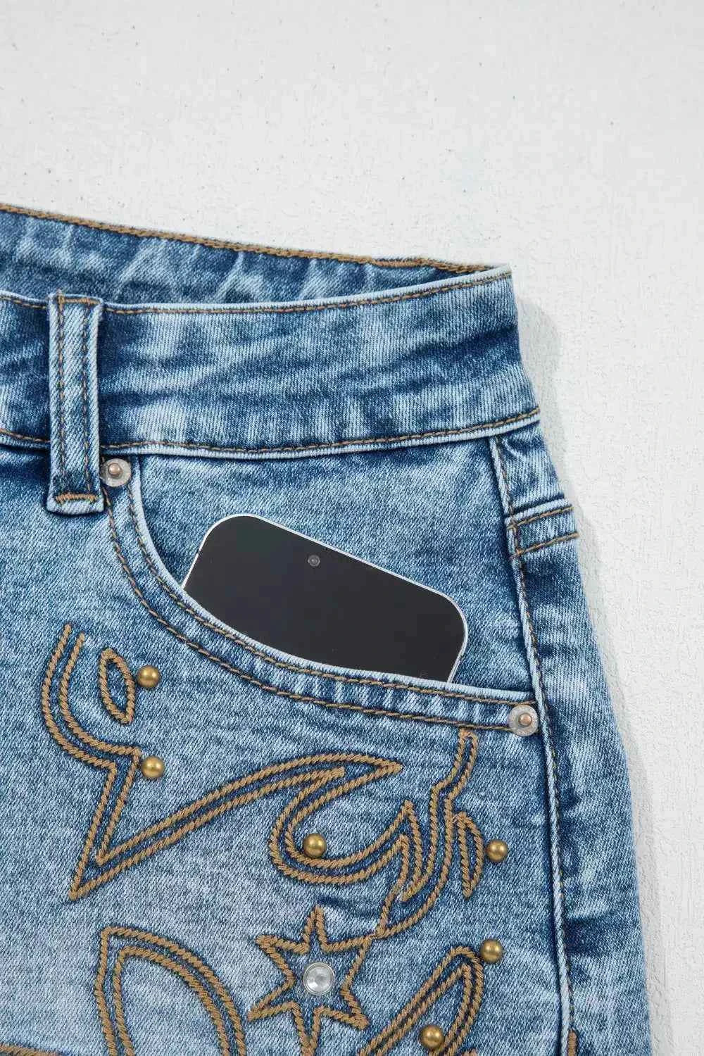 Western Embroidery Stud Denim Shorts - Splashis