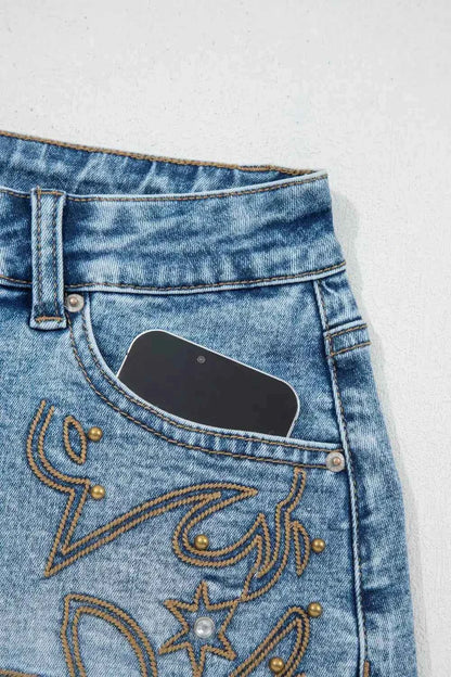 Western Embroidery Stud Denim Shorts - Splashis