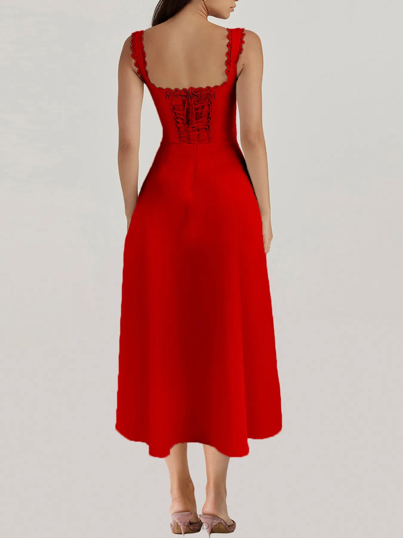 Scalloped V-Neck Midi Dress with Back Lace-Up--Splashis-Trendsi