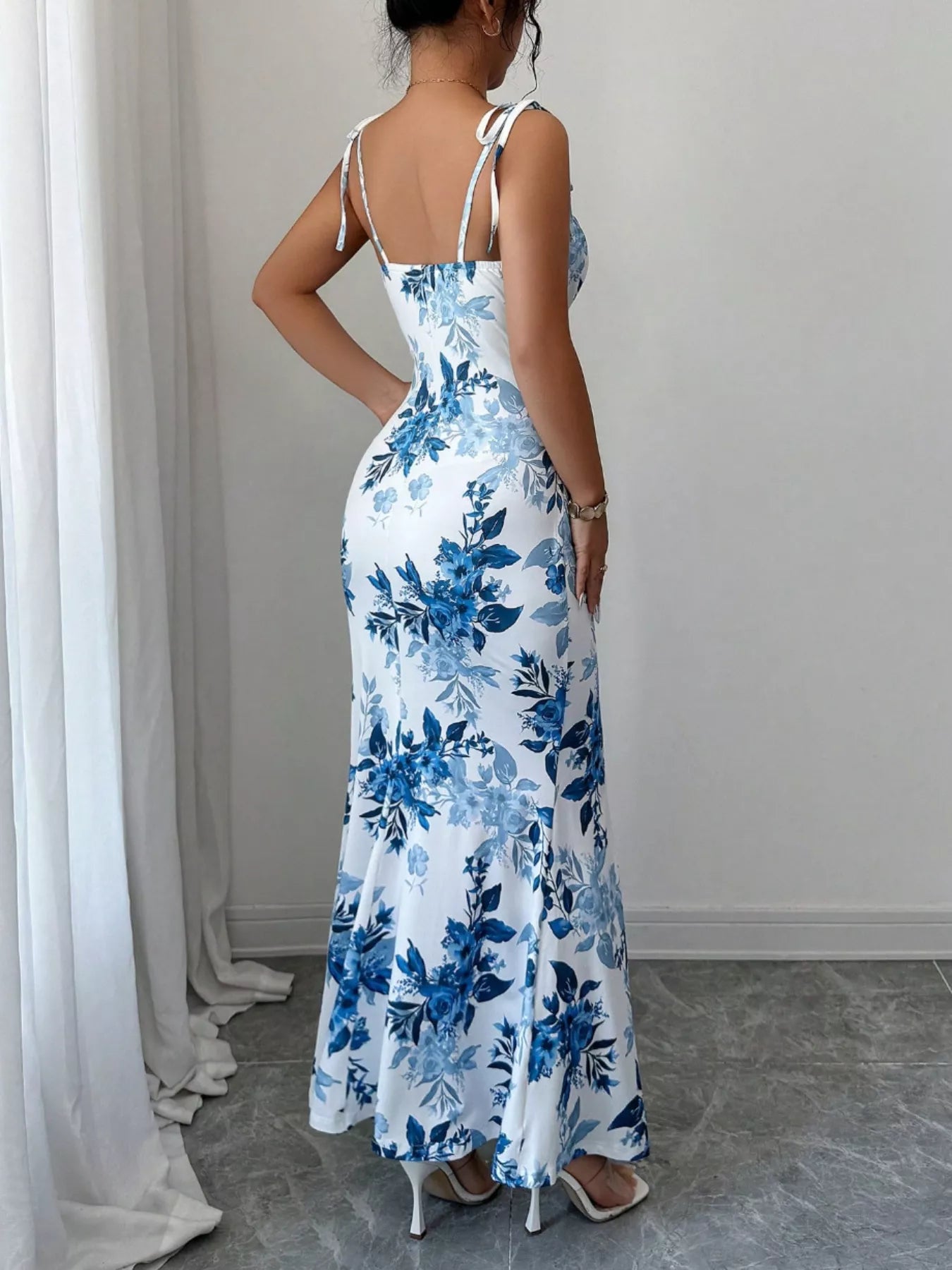 Printed Tie Strap Slit Maxi Dress-Maxi Dress.-Splashis-Splashis