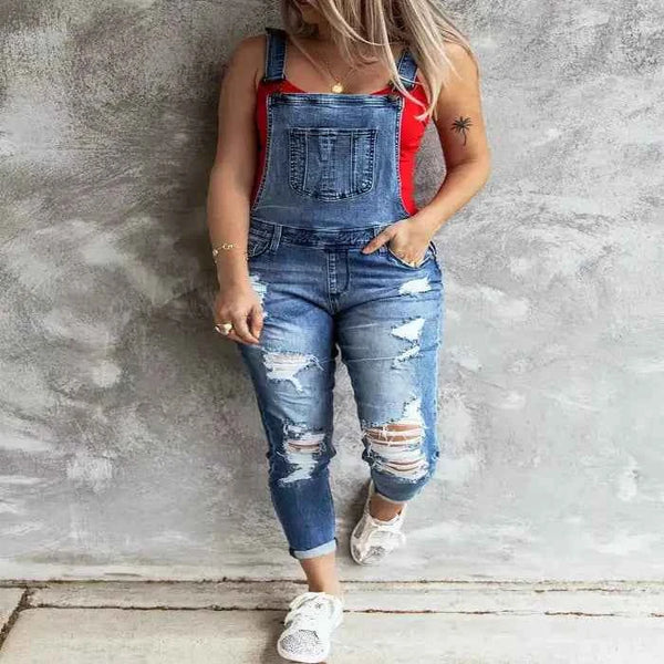 Distressed denim overalls — primary view