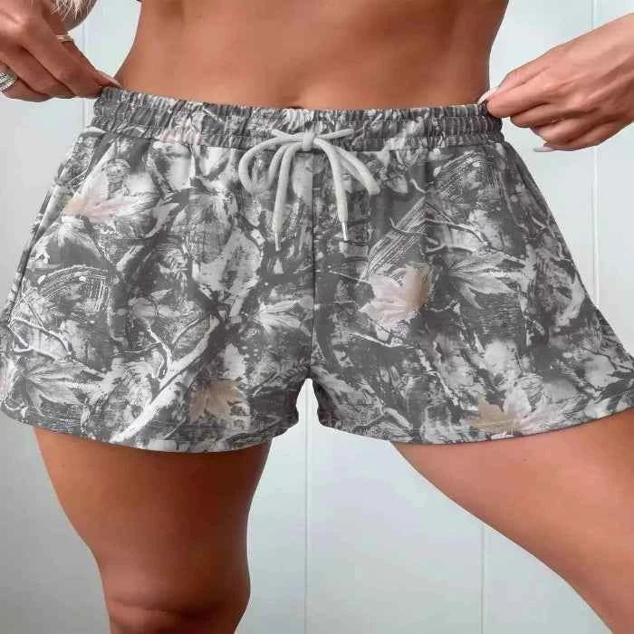 Abstract Maple Leaf Printed Tie Elastic Waist Shorts - Splashis