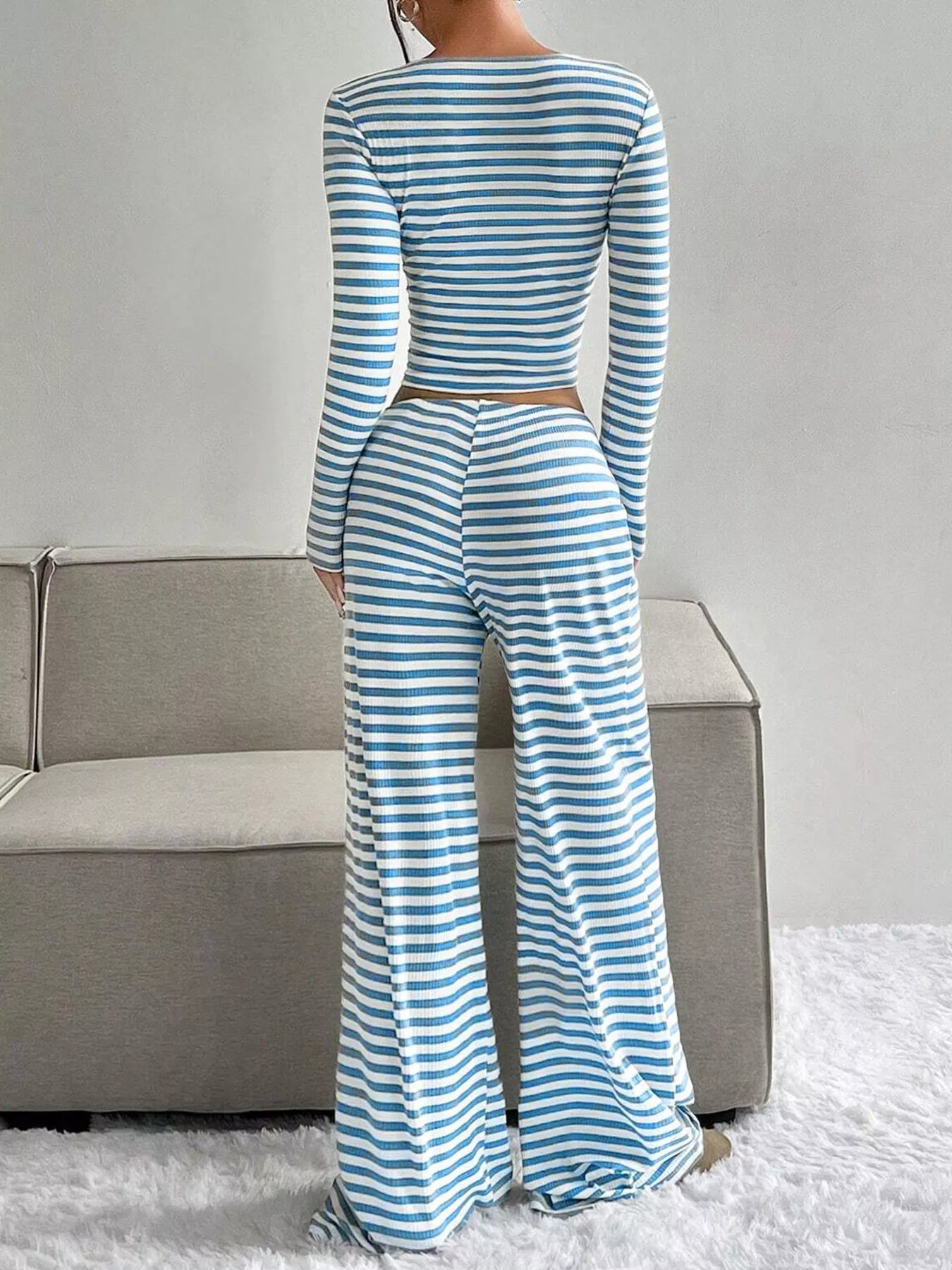 Striped Long Sleeve Crop Top & Wide Leg Pants Set 副图