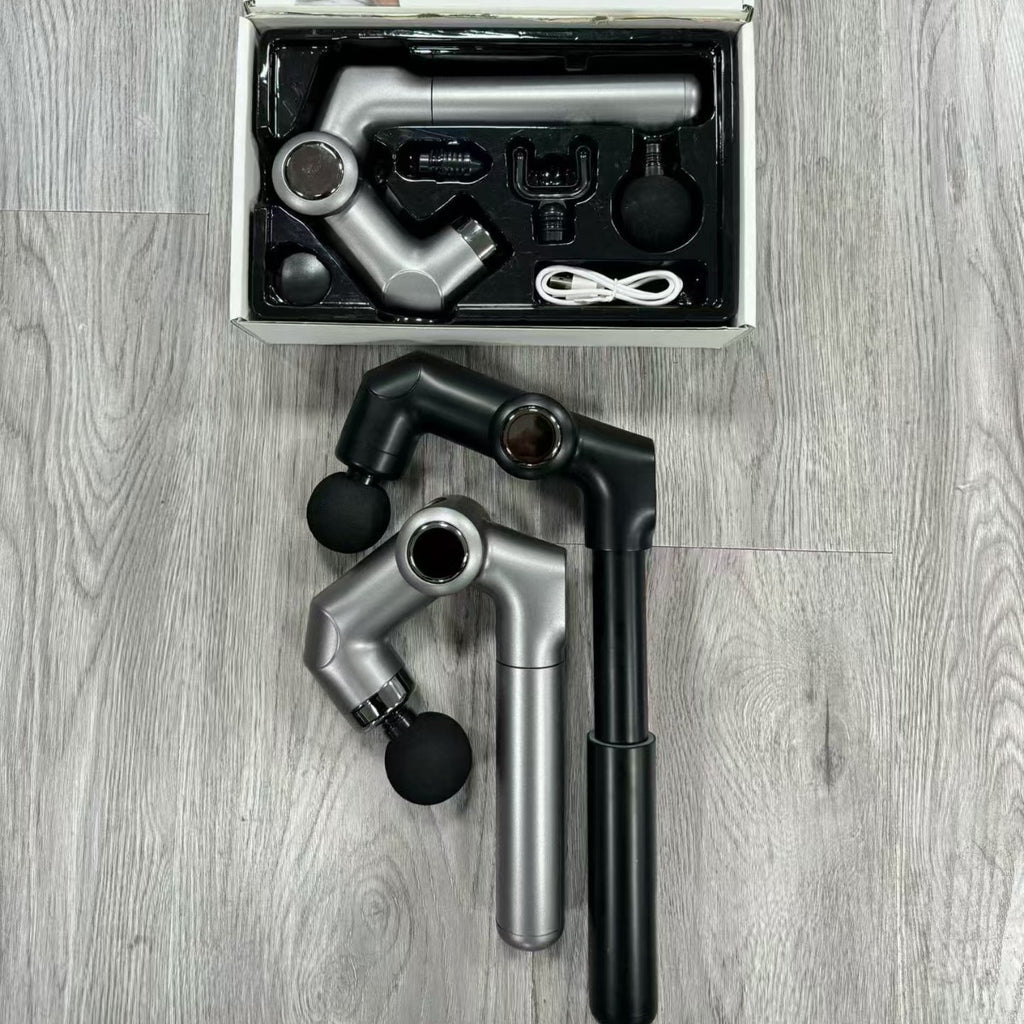 Massage gun shown in use on shoulder