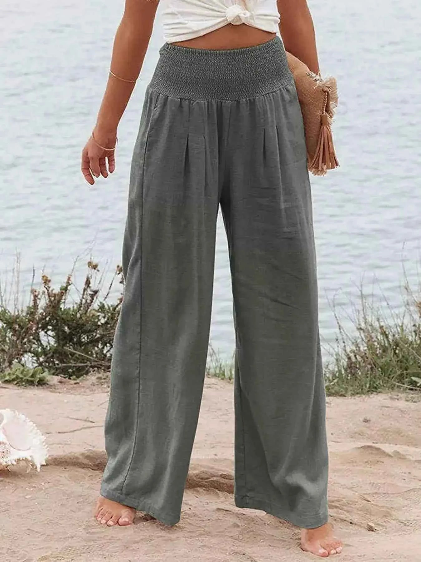 Smocked High Waisted Wide Leg Pants for Effortless Style and Comfort - Splashis