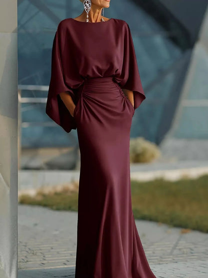 Batwing Sleeve Ruched Maxi Dress-Maxi Dress.-Splashis-Color:Red-Size:2XL-Splashis