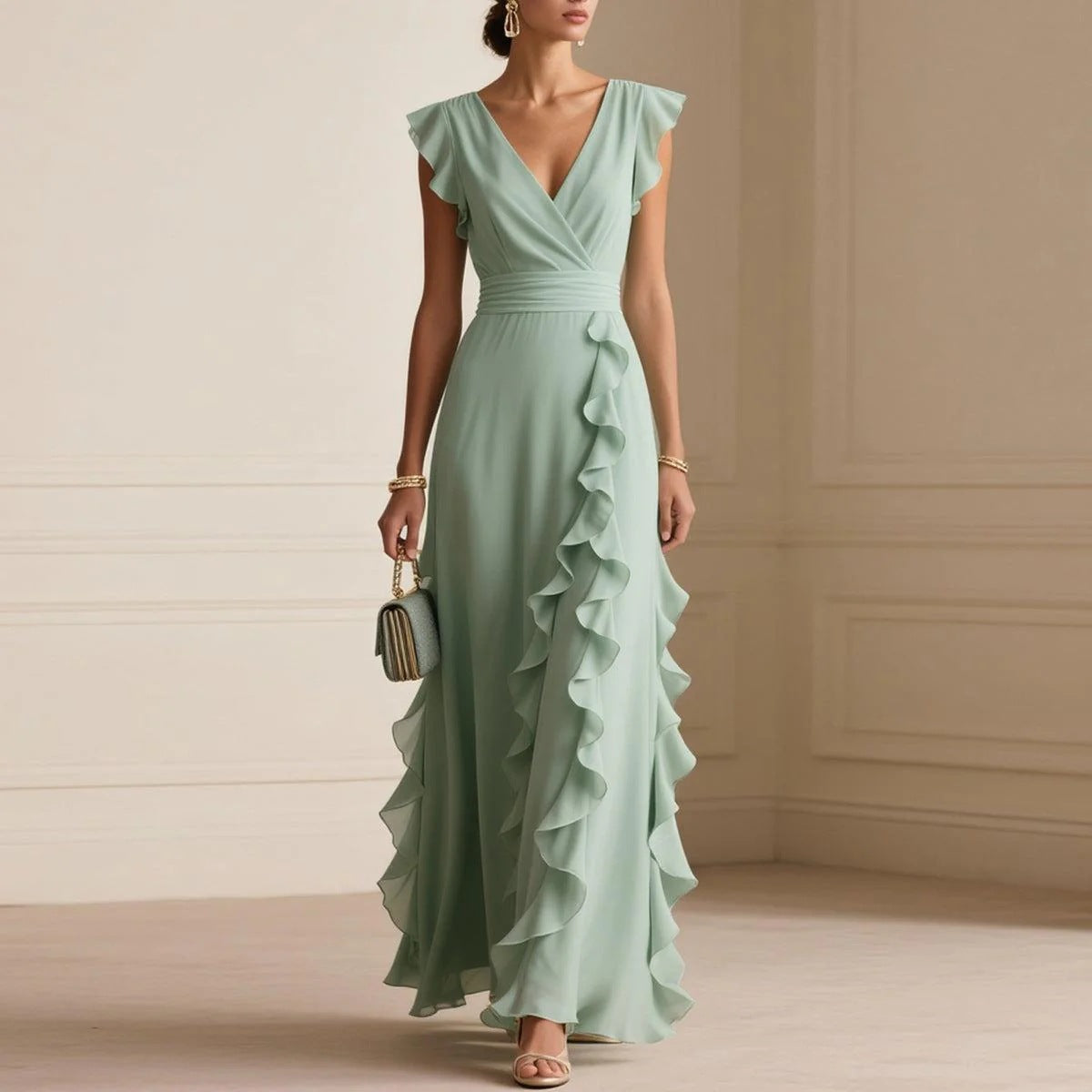 Ruffle sleeveless V-neck maxi dress product photo Main image