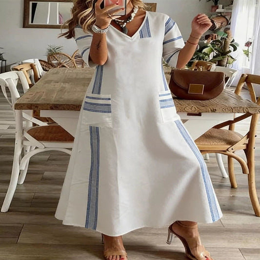 Striped V-Neck Maxi Dress--Splashis-Color:White-Size:2XL-Trendsi