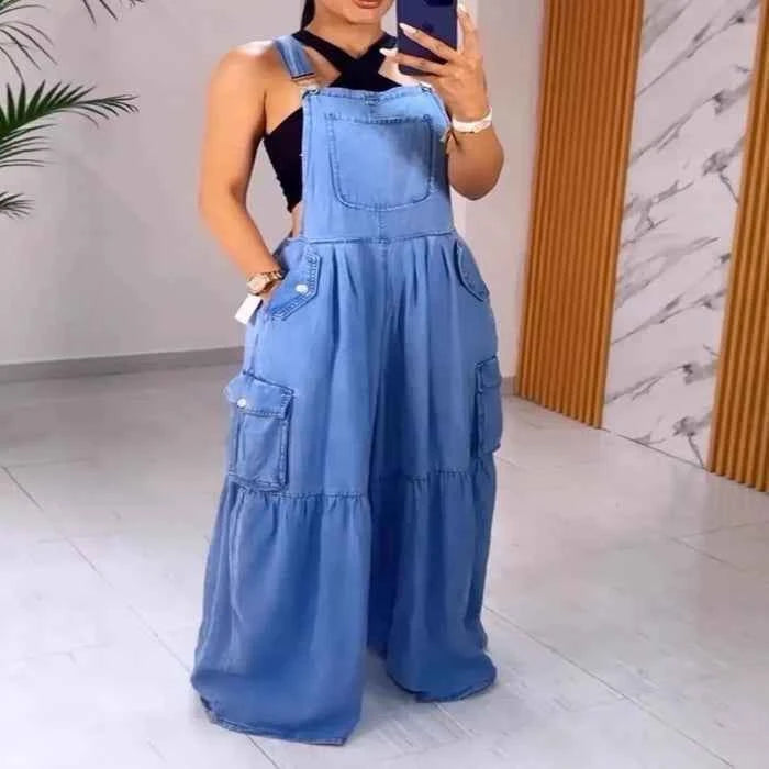 Plus size denim overalls with pockets — primary view メイン画像