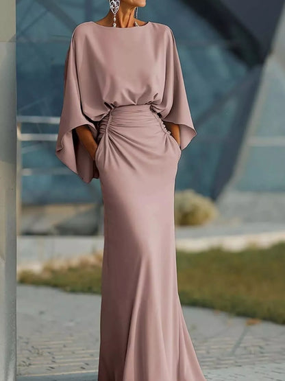 Batwing Sleeve Ruched Maxi Dress-Maxi Dress.-Splashis-Color:Pink-Size:XL-Splashis