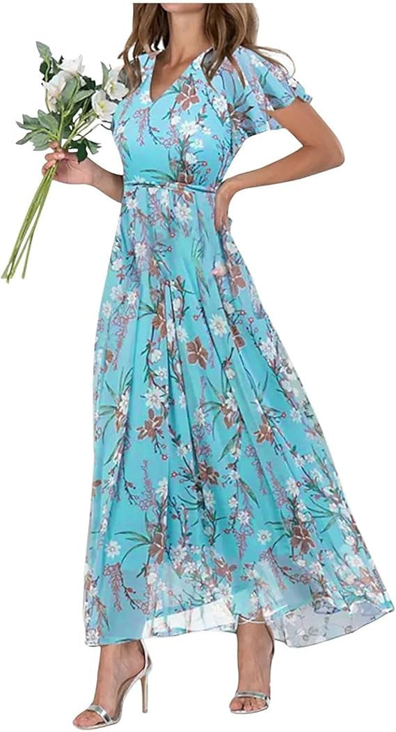 Floral Print Off-Shoulder Chiffon Maxi Dress - Splashis