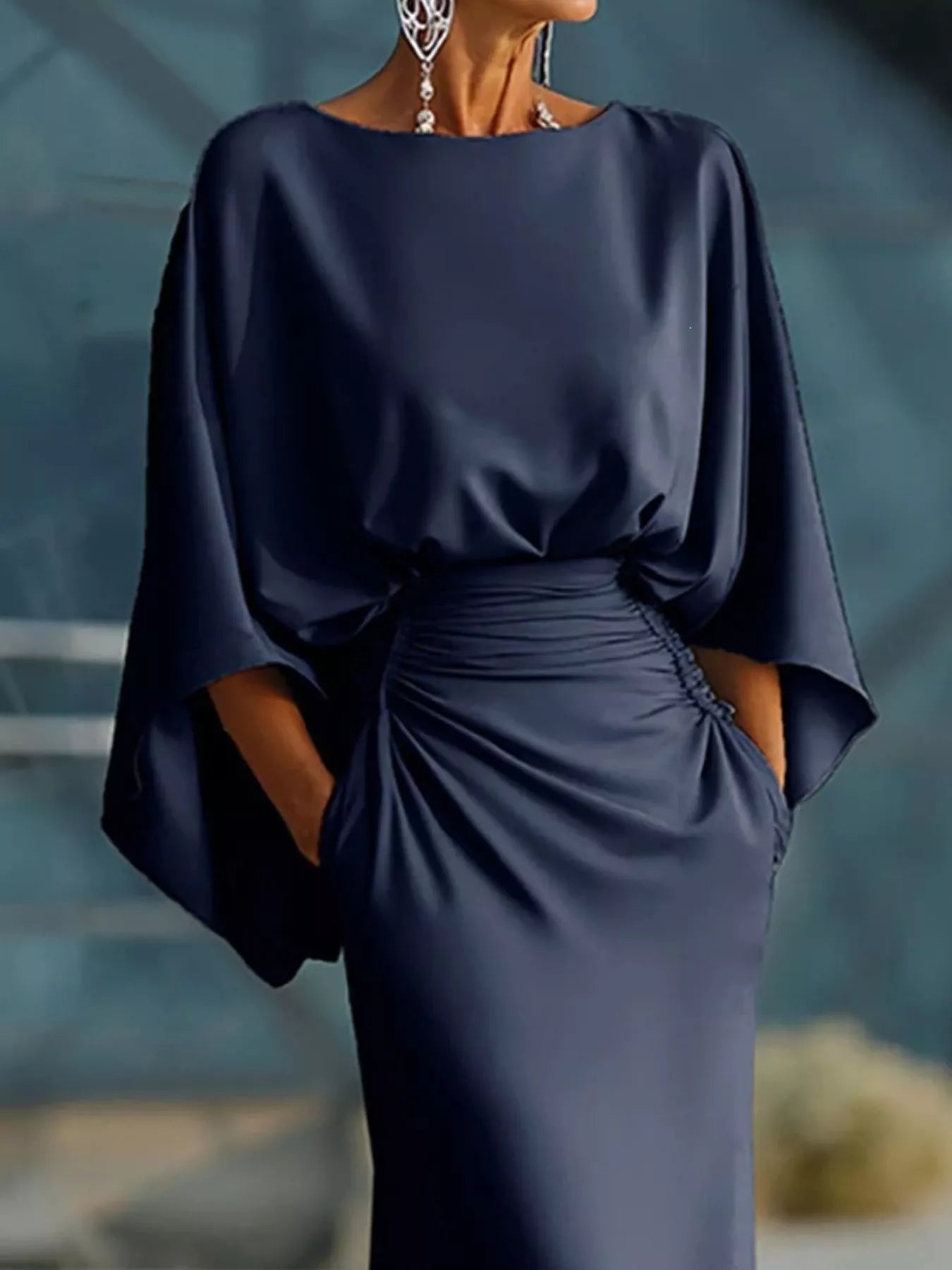 Batwing Sleeve Ruched Maxi Dress-Maxi Dress.-Splashis-Splashis