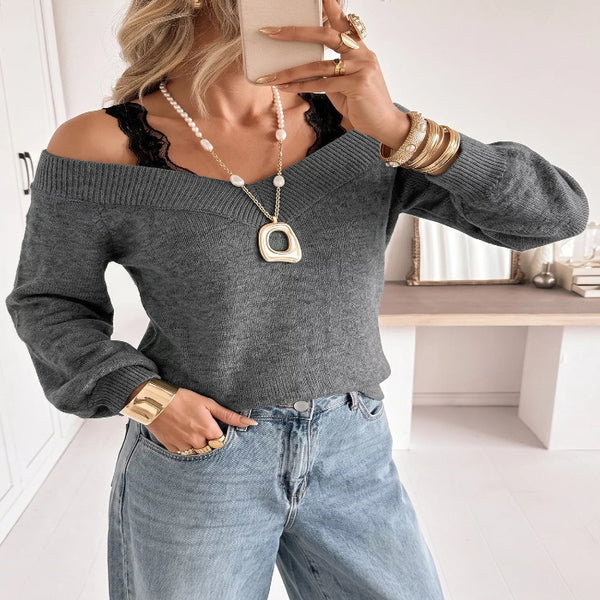 Model wearing the Off-Shoulder Lace Trim Sweater