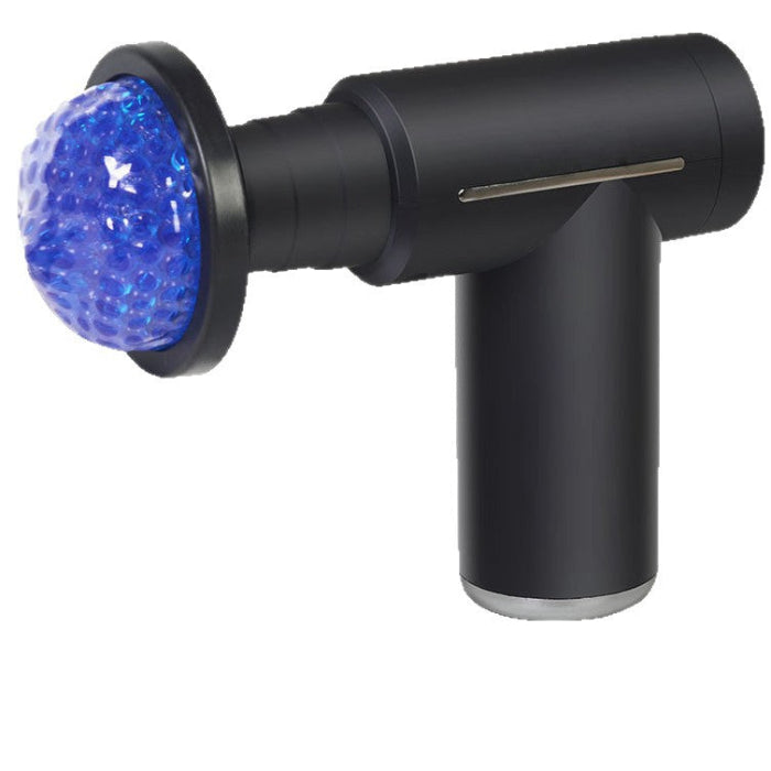 A handheld massage gun with a matte black body and a textured blue crystal ball head, shown on a plain white background. Main image