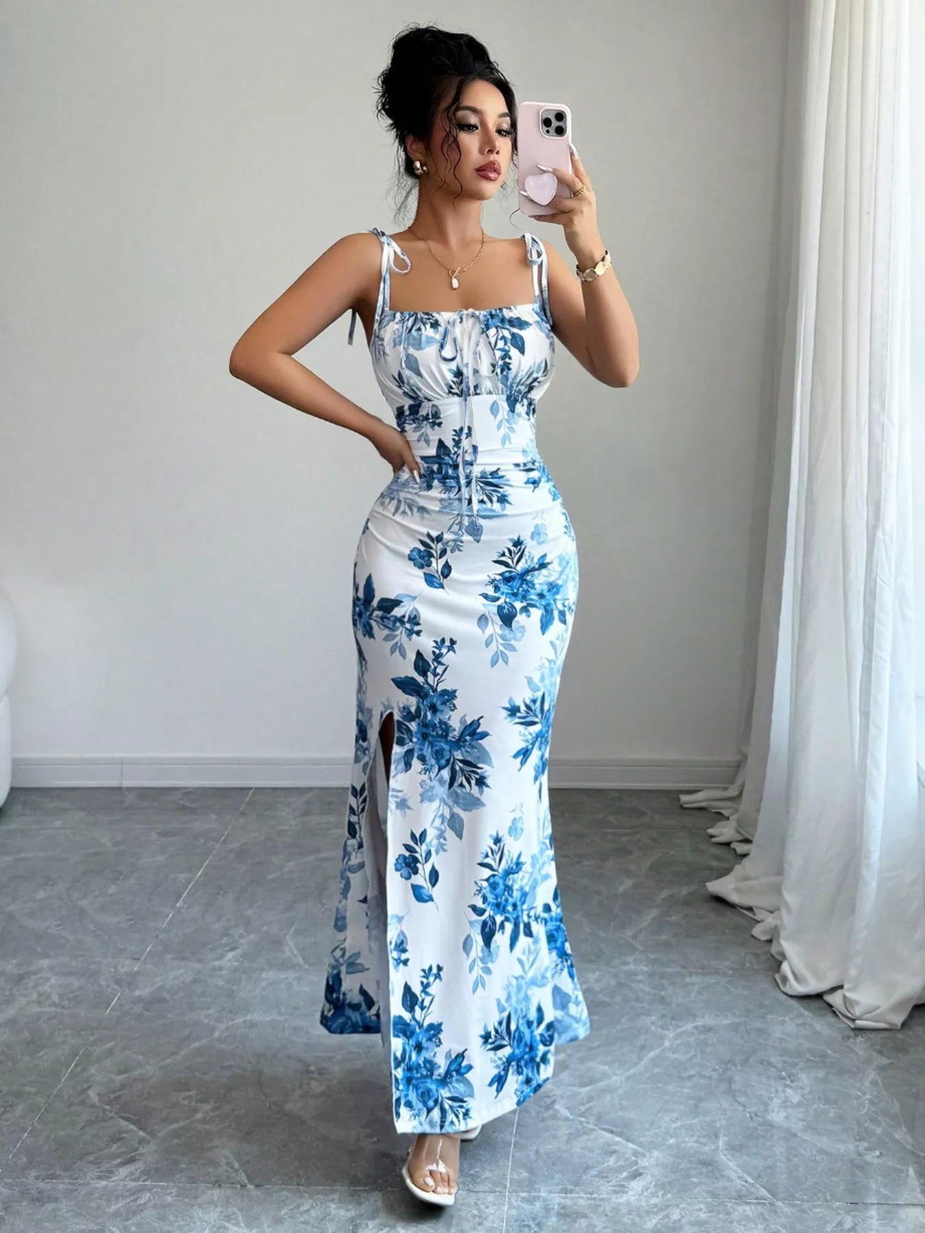 Printed Tie Strap Slit Maxi Dress-Maxi Dress.-Splashis-Splashis