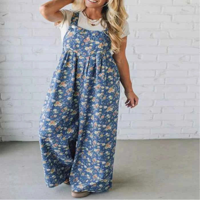 Floral print wide leg denim overalls — primary view メイン画像