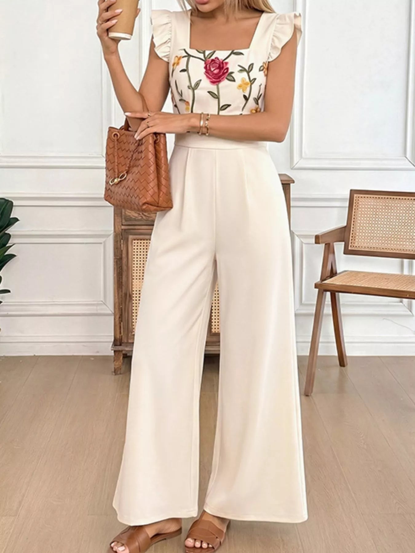 Floral Embroidered Jumpsuit Ruffle Trim-Jumpsuit-Splashis-Splashis