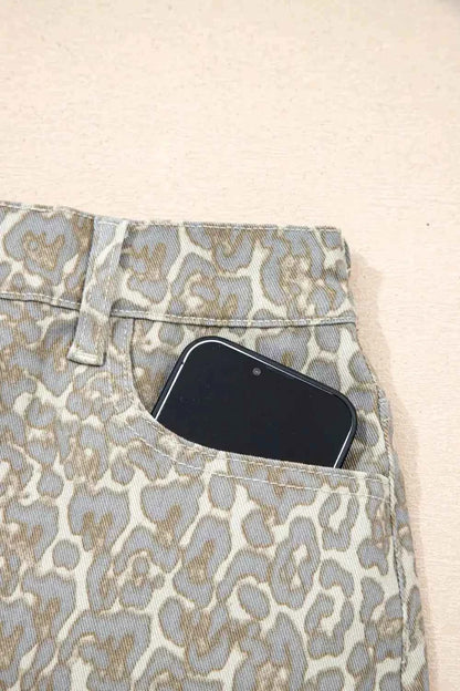 Raw Edge Leopard Print Denim Shorts - Splashis