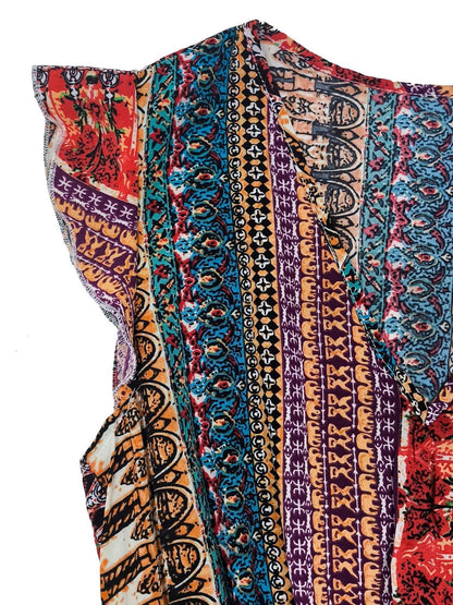 Boho Print Ruffle Sleeve Slit Dress-Casual Dresses-Splashis-Splashis