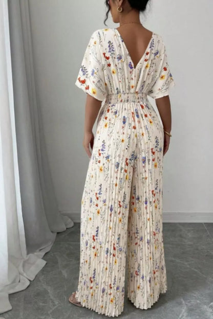 Pleated Floral Print Wide Leg Jumpsuit-Jumpsuit-Splashis-Splashis