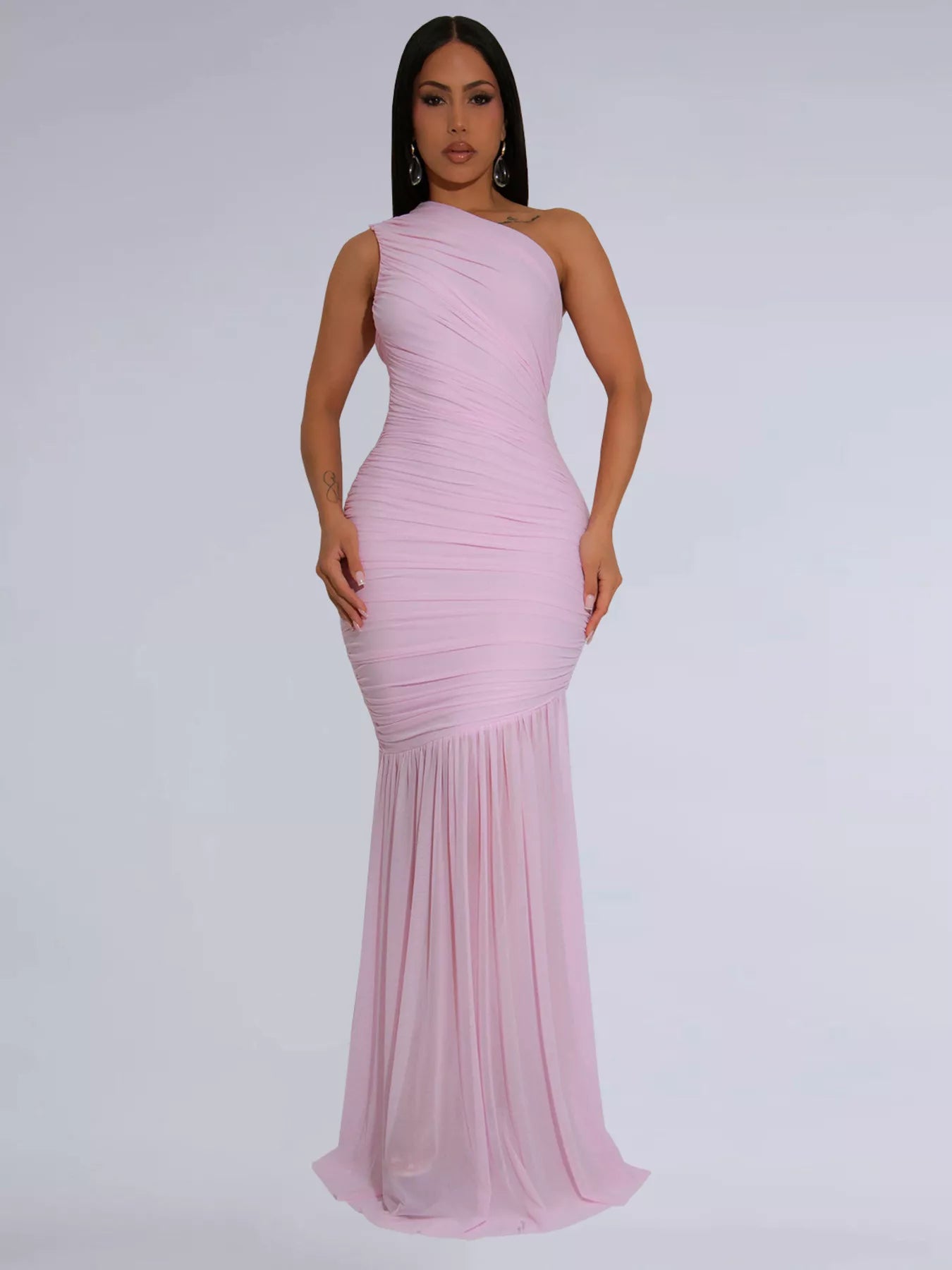 One-Shoulder Ruched Bodycon Maxi Dress-Maxi Dress.-Splashis-Color:Blush Pink-Size:2XL-Splashis