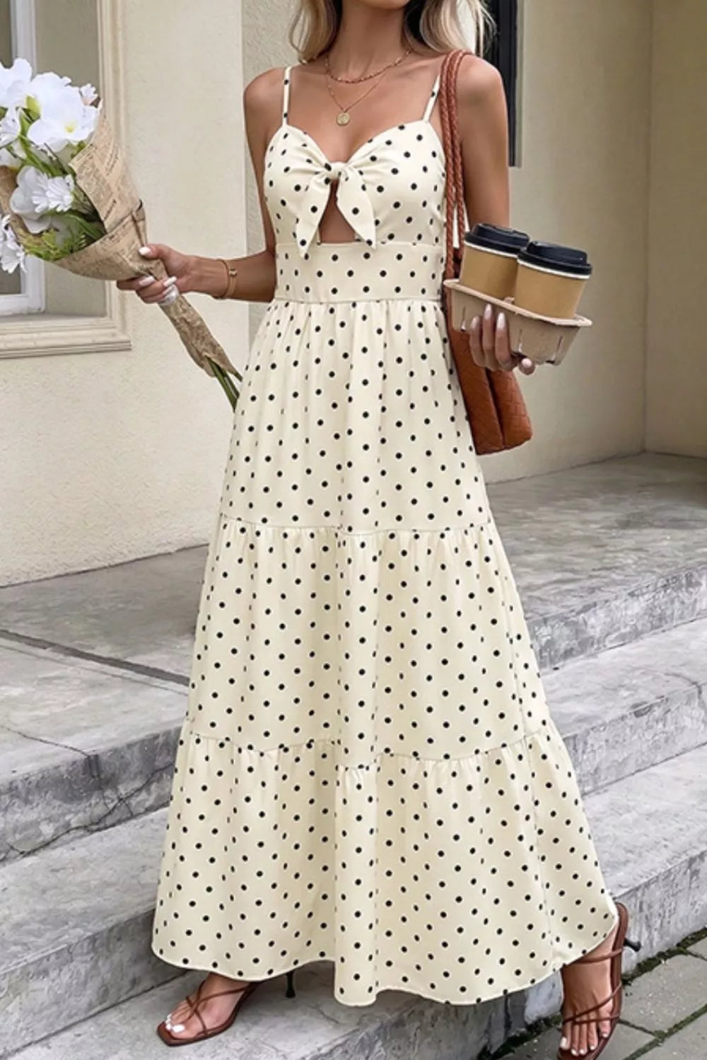 Polka Dot Tie-Front Cutout Maxi Dress-Maxi Dress.-Splashis-Color:Cream-Size:XL-Splashis