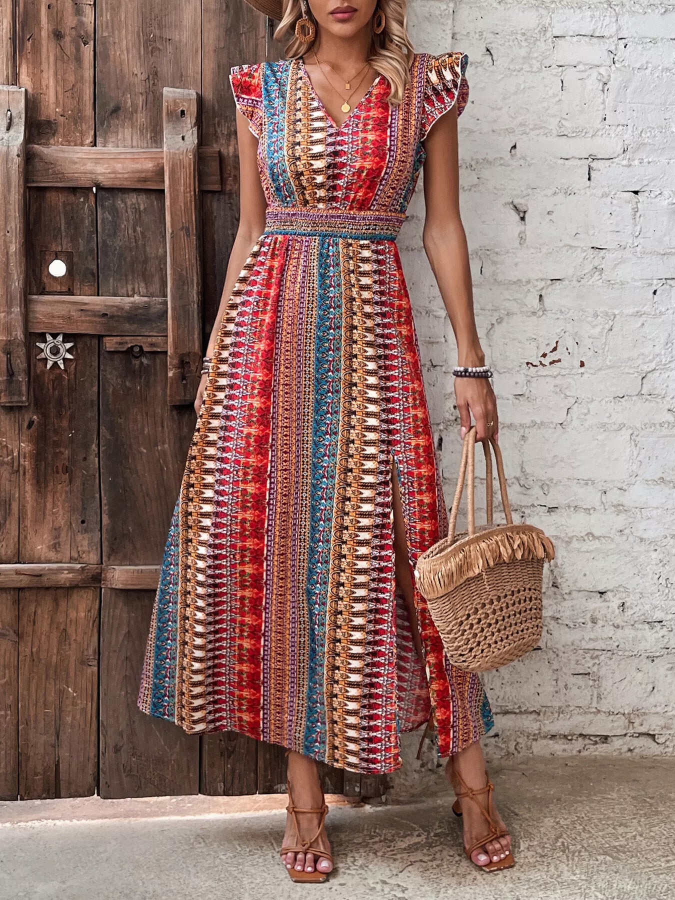 Boho Print Ruffle Sleeve Slit Dress-Casual Dresses-Splashis-Splashis