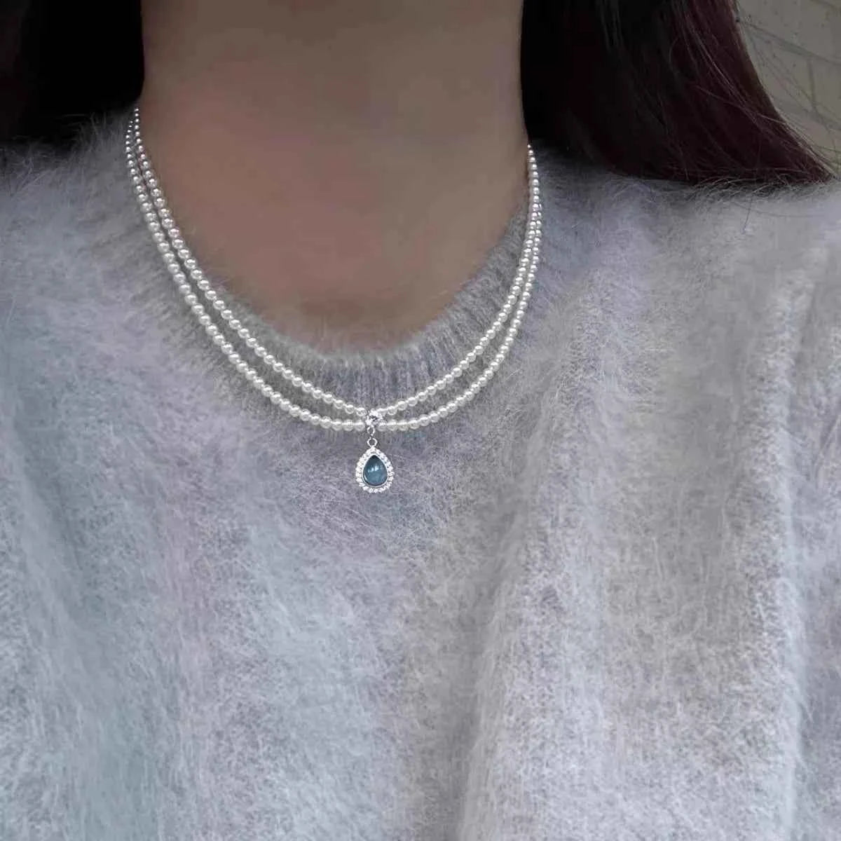 Double Layer Pearl Necklace Teardrop Pendant Sekundär produktbild