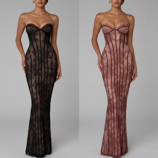 Two strapless lace dresses, one black and one red, on a neutral background.