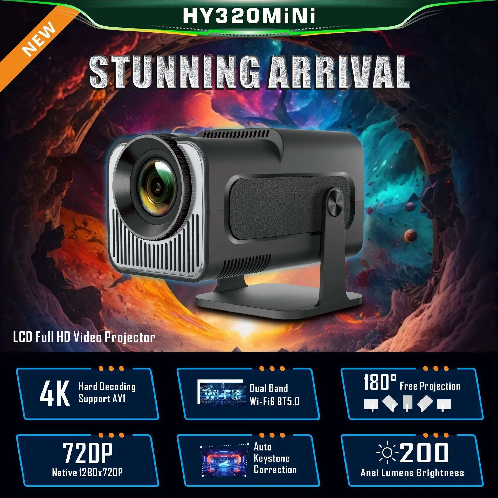 4K Mini Projector 1080P HD Splashis 1080p projector 180 degree projector 1920x1080 Resolution 200 Inch Projector 300 ANSI Lumens 4K Projector 4K supported projector 65W Projector Adjustable Size Projector Audio Visual auto keystone projector