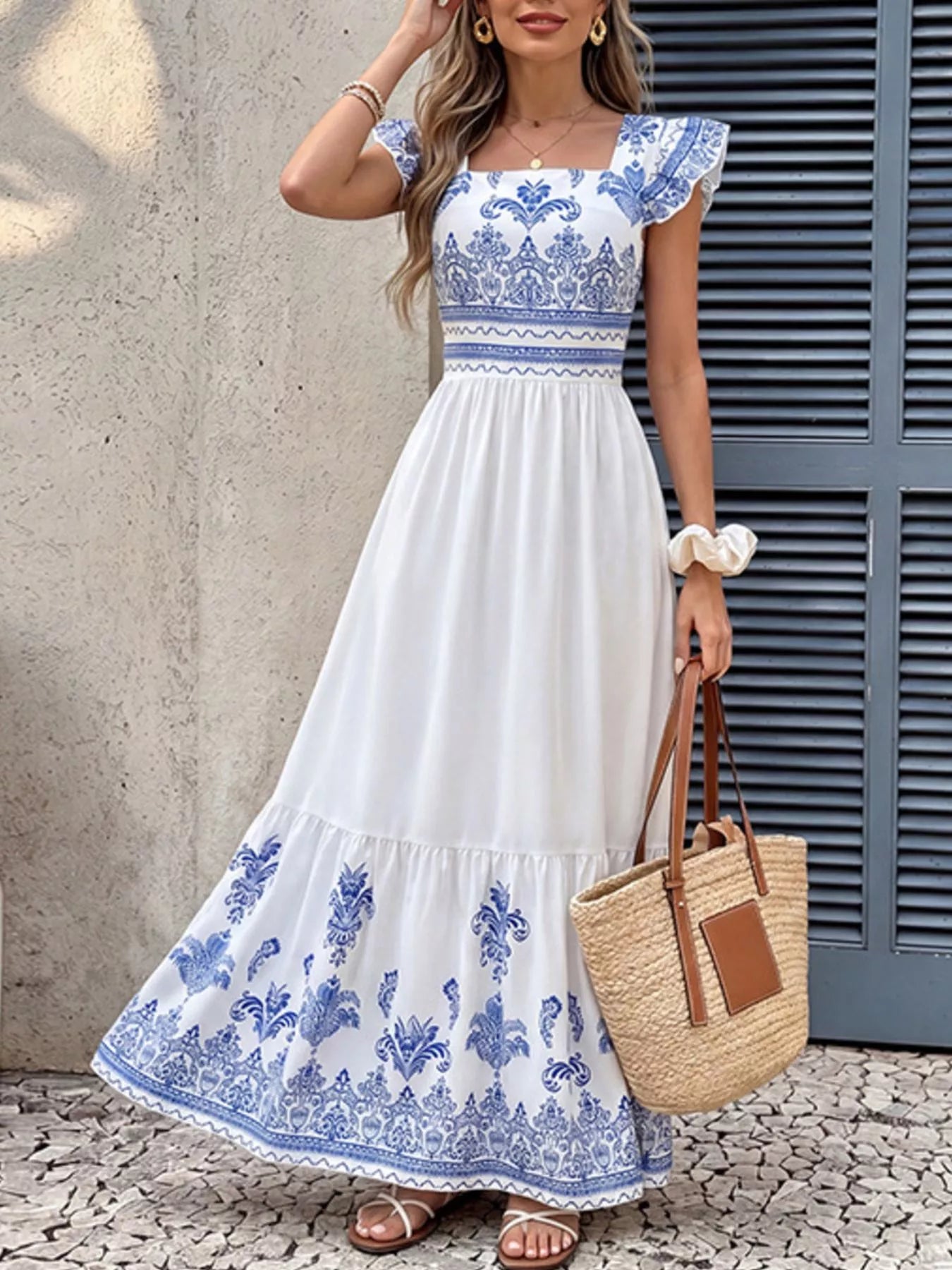 Printed Square Neck Maxi Dress — primary view Main image