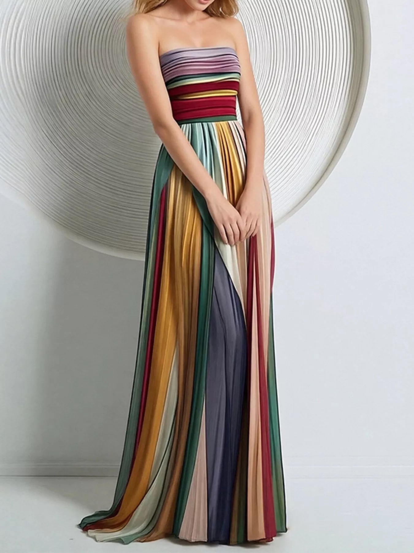 Striped Pleated Tube Maxi Dress-Maxi Dress.-Splashis-Splashis