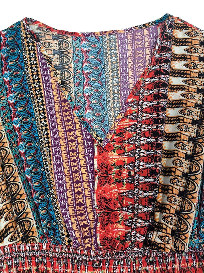 Boho Print Ruffle Sleeve Slit Dress-Casual Dresses-Splashis-Splashis