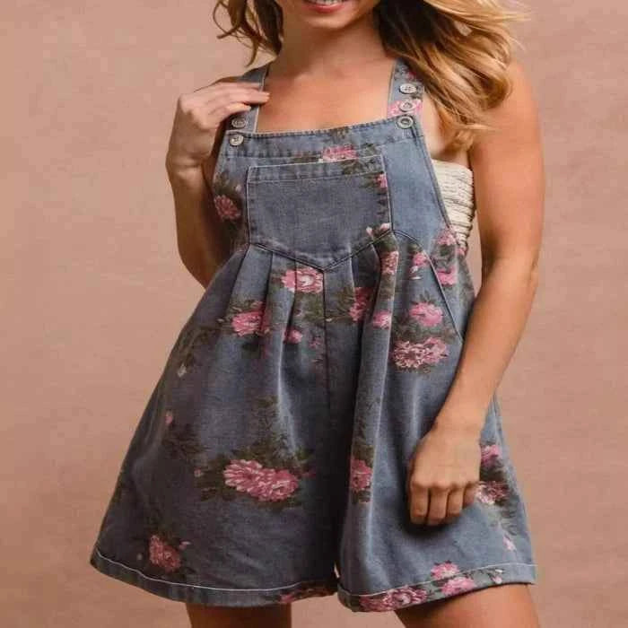 Floral print denim overalls — primary view メイン画像
