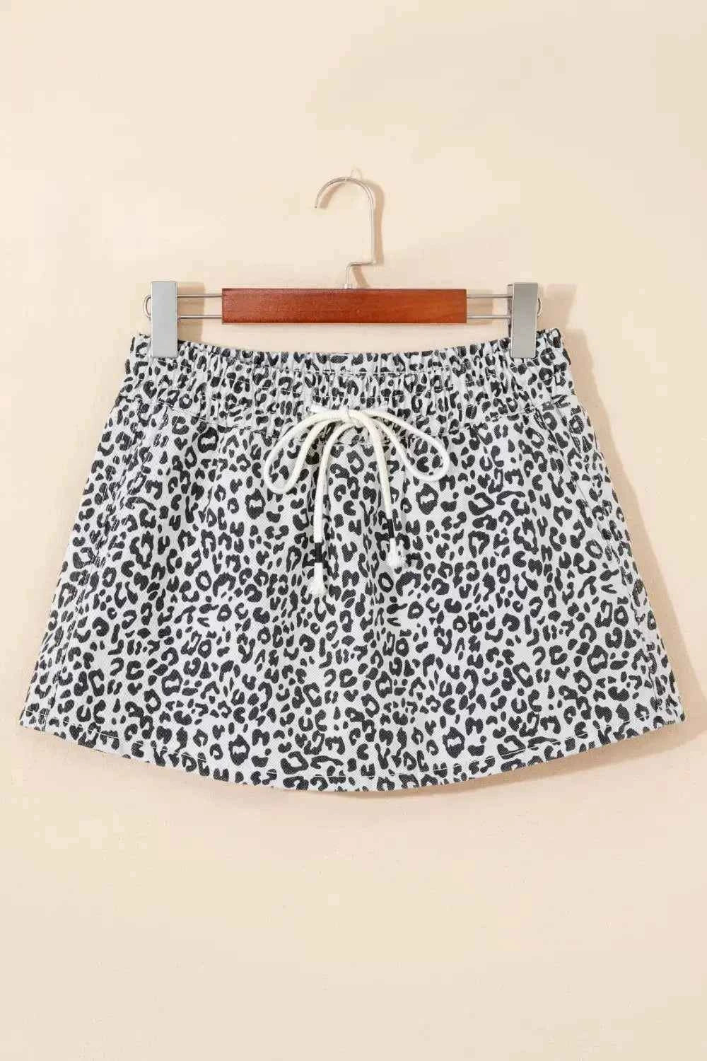 Leopard Print Tassel Drawstring Casual Denim Skort--Splashis