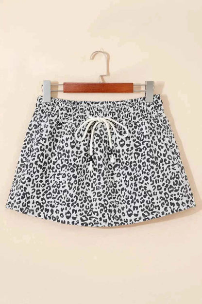 Leopard Print Tassel Drawstring Casual Denim Skort--Splashis