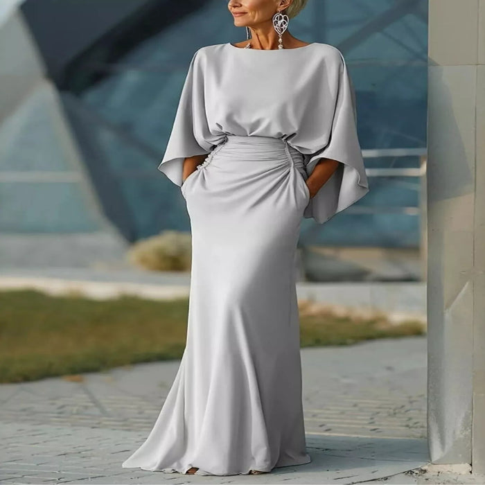 Batwing Sleeve Ruched Maxi Dress-Maxi Dress.-Splashis-Color:Silver-Size:2XL-Splashis