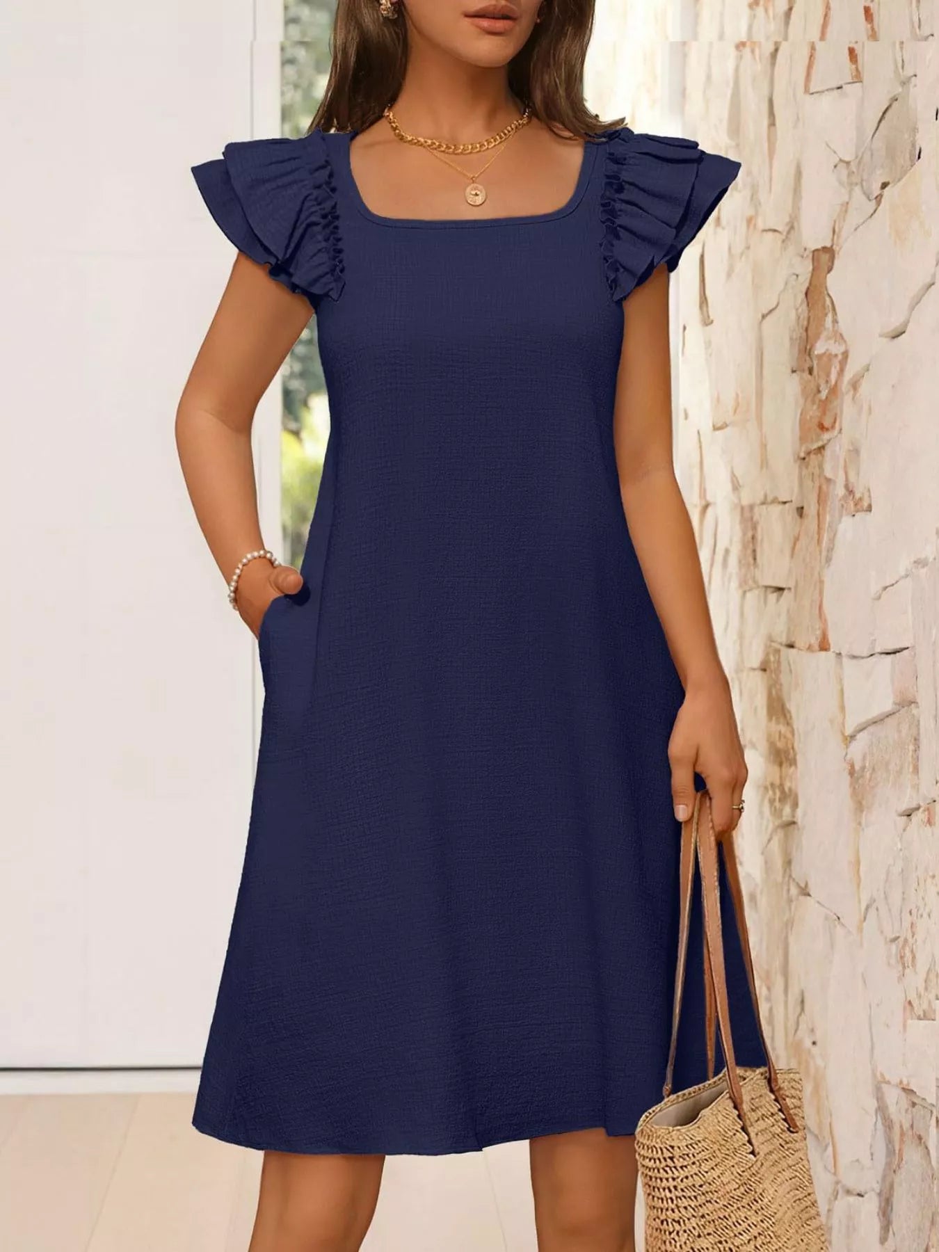Ruffled Sleeve Square Neck Casual Dress-Casual Dresses-Splashis-Splashis