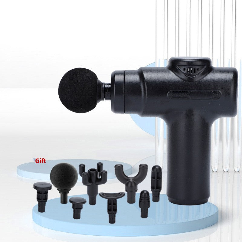 Massage gun shown in use on shoulder