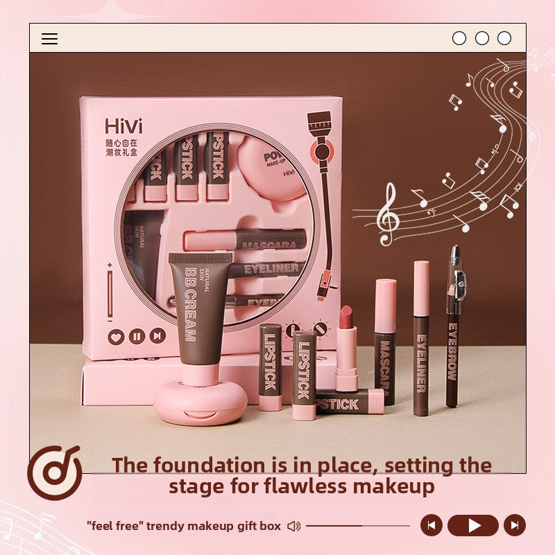 Vinyl record makeup set with lipstick and powder compact product photo Main image
