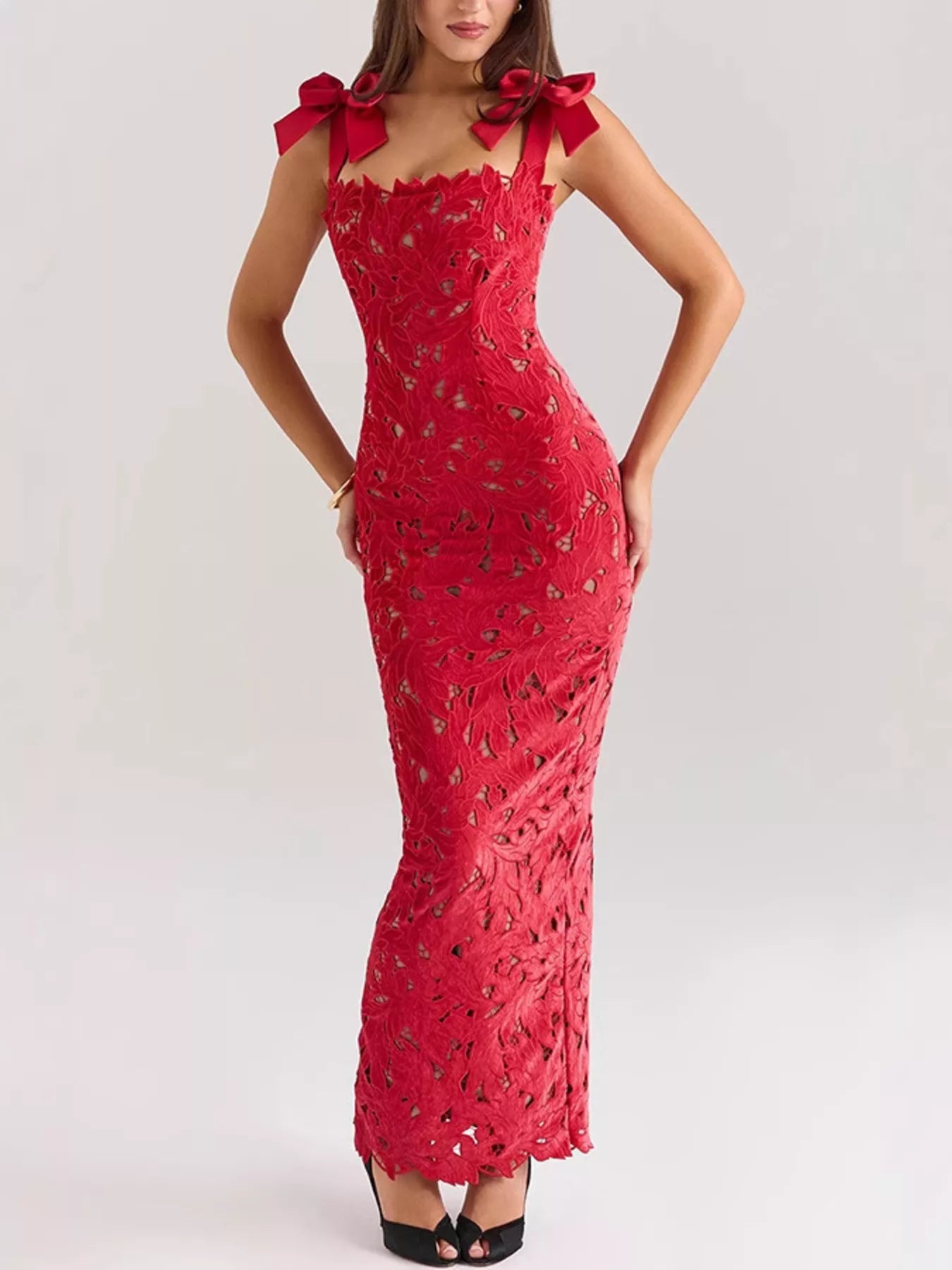 Lace Cutout Tie Shoulder Maxi Dress with Side Slit-Formal + Evening Dresses-Splashis-Color:Red-Size:XL-Splashis