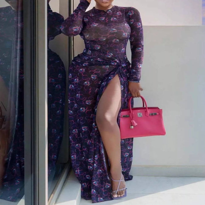 Model wearing the Sheer Floral Print Maxi Dress with High Slit Main image
