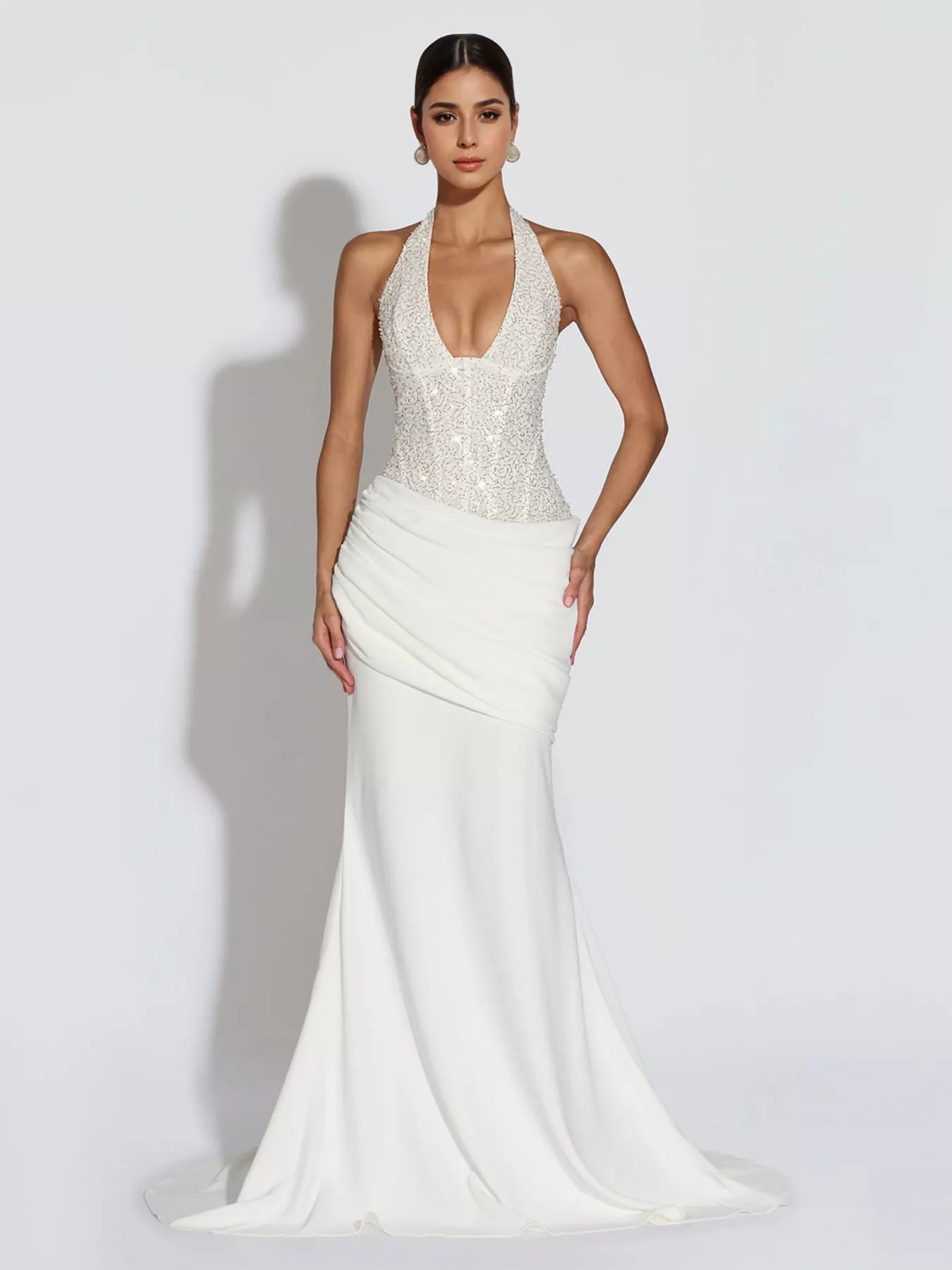 Sequin Halter Neck Maxi Dress-Maxi Dress.-Splashis-Color:White-Size:2XL-Splashis