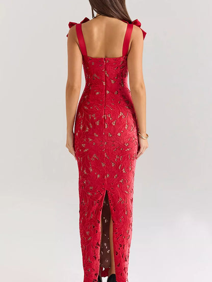 Lace Cutout Tie Shoulder Maxi Dress with Side Slit-Formal + Evening Dresses-Splashis-Splashis