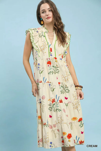 Umgee Floral Ruffle Tiered Midi Dress with Scalloped Detail--Splashis-Trendsi