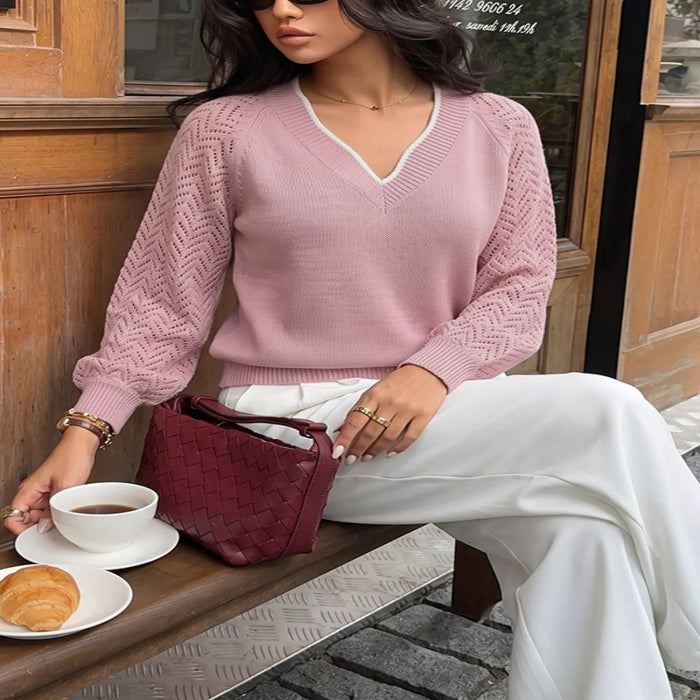 V-neck openwork long sleeve sweater — primary view Main image